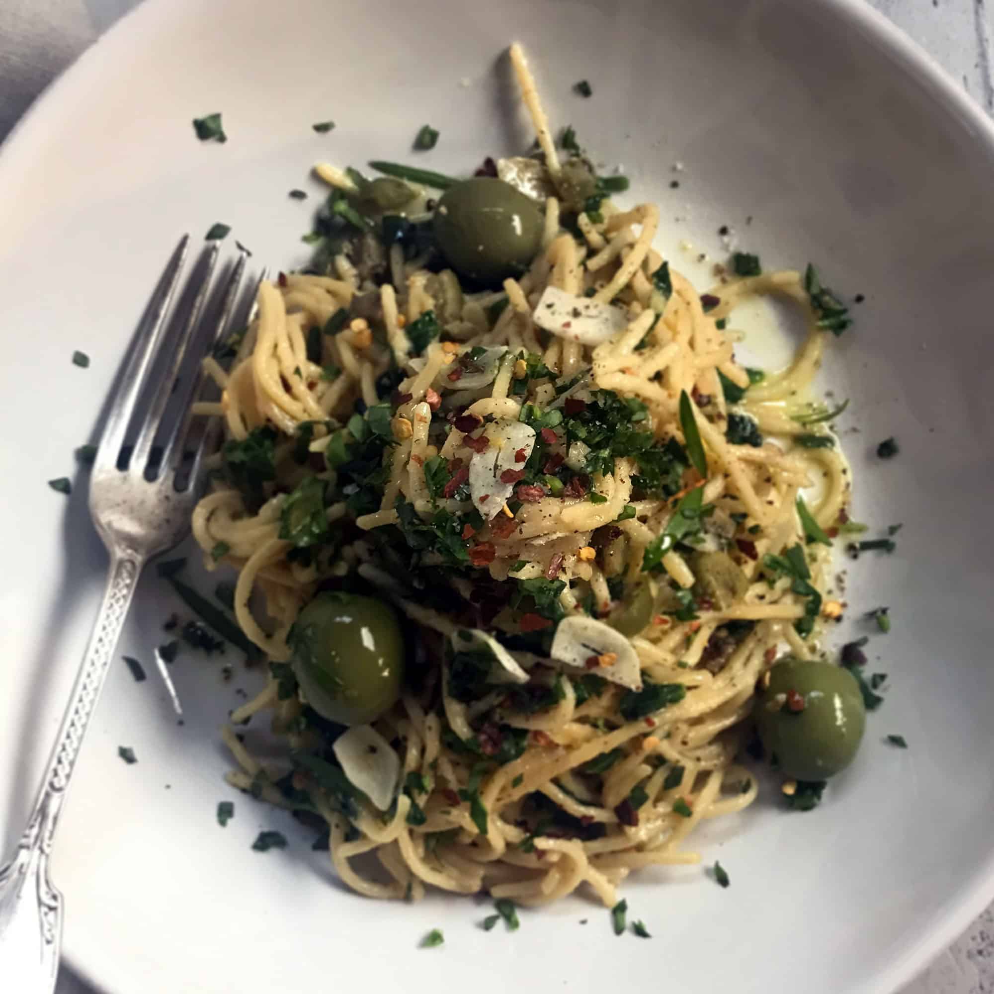 Spaghetti with Garlic Chili Oil and Olives - The Virtual Caterer