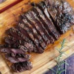Flat Iron Steak, sliced, on cutting board