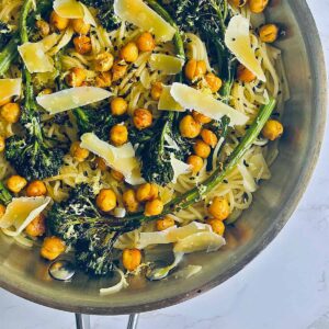 Lemon Spaghetti with Broccolini in saute pan