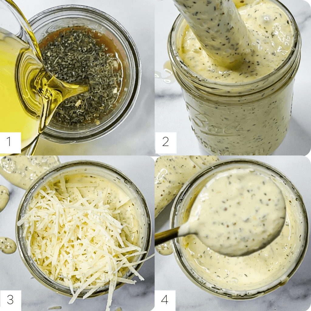 Caesar dressing being made step by step with an immersion blender.
