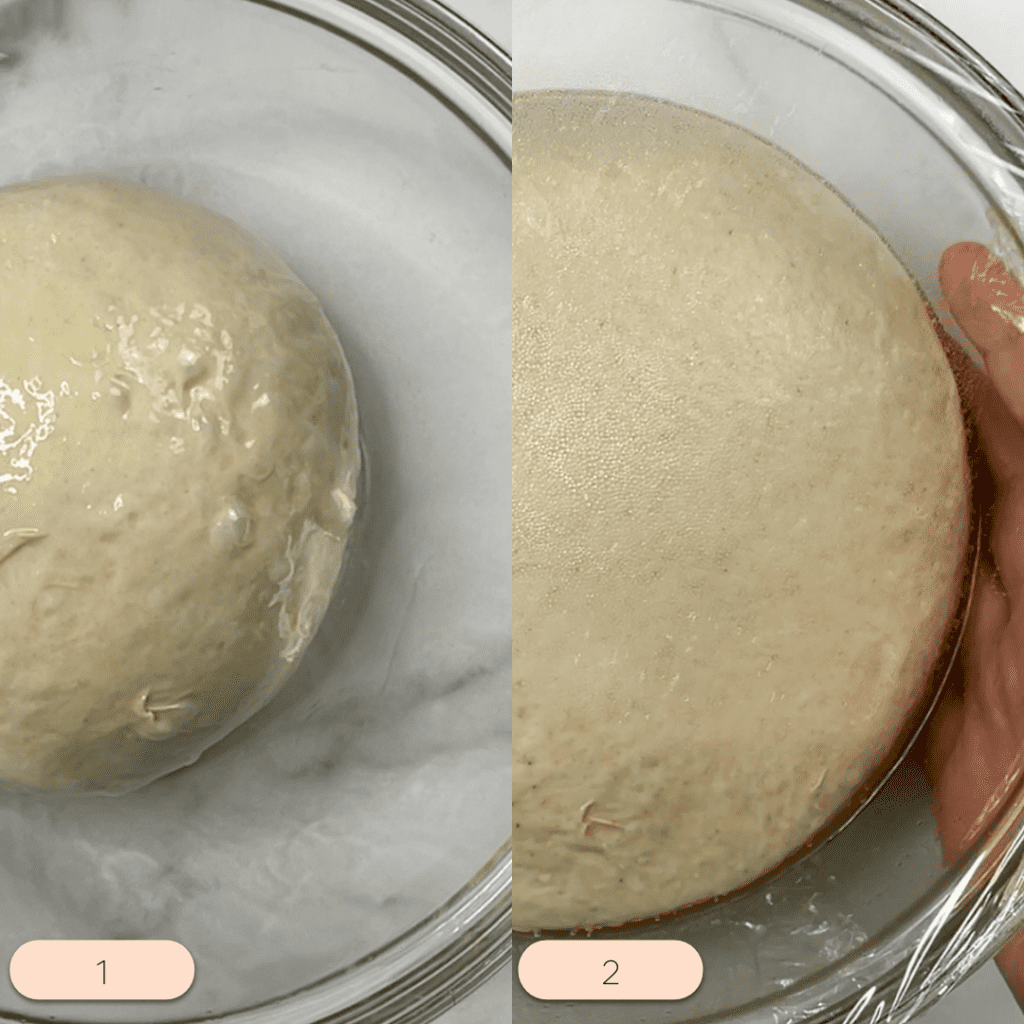 Homemade dough proofing in a bowl.  Left side before proofing.  Right side after proofing.