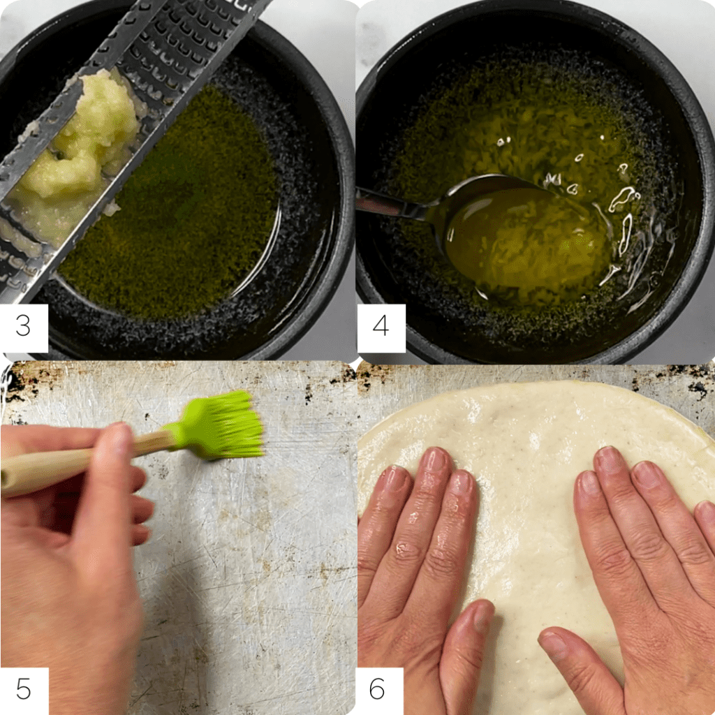 step by step. 4 images.  Garlic grated  with microplane into oil and being stirred.  Cookie sheet brushed with olive oil.  Pizza dough on cookie sheet being gently pressed flat with hands.