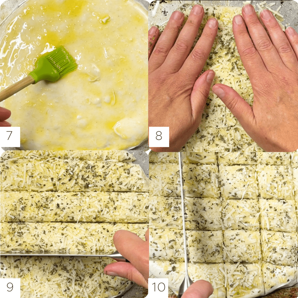 Step by step image.  4 steps.  Pizza dough brushed with garlic sauce.  Pizza dough topped with cheese, Italian seasoning, and gently pressed into dough.  Dough being sliced with sharp knife into 1 inch pieces.