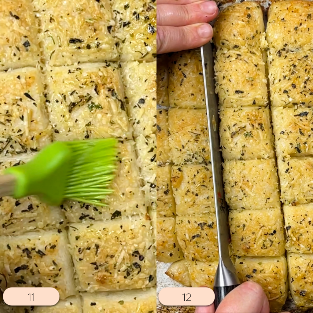 Cooked parmesan bread bites the final steps. Left picture the bread bites are brushed with garlic oil.  Right picture the bread bites are cut again into 1 inch pieces.