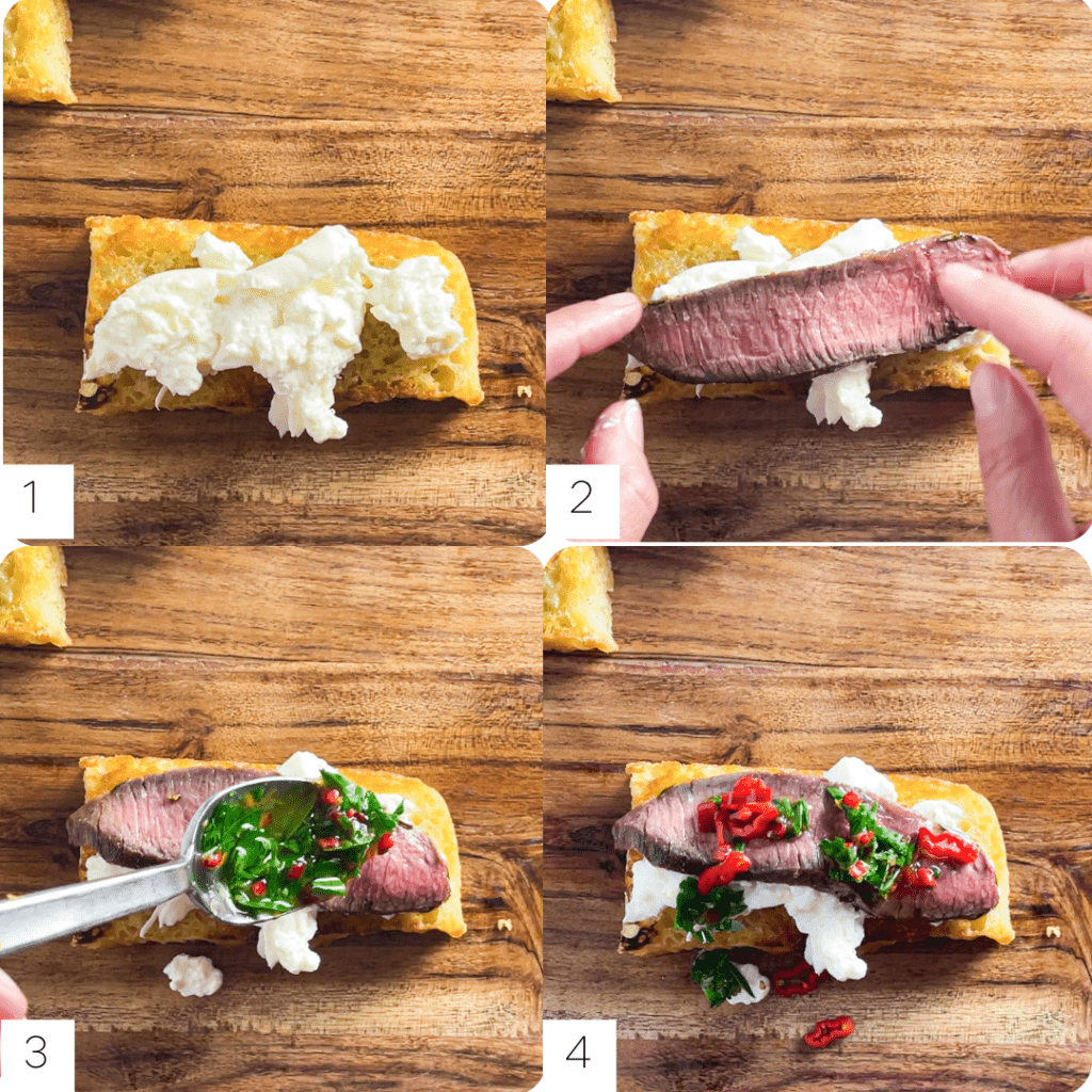 Step by step.  Griddled bread being topped with burrata, steak, parsley sauce and sweet red chilies on a wood cutting board.