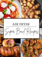 A collage of 4 recipes cooked in the air fryer for the super bowl.