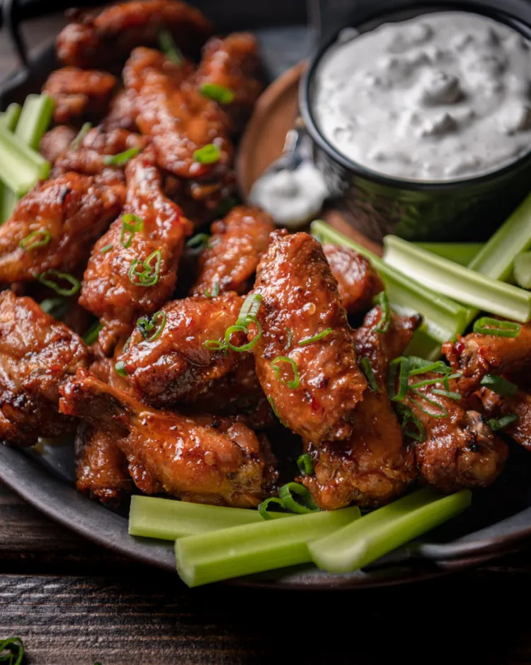 glazed chicken wings with celery on a plate served with a chunky blue cheese dressing