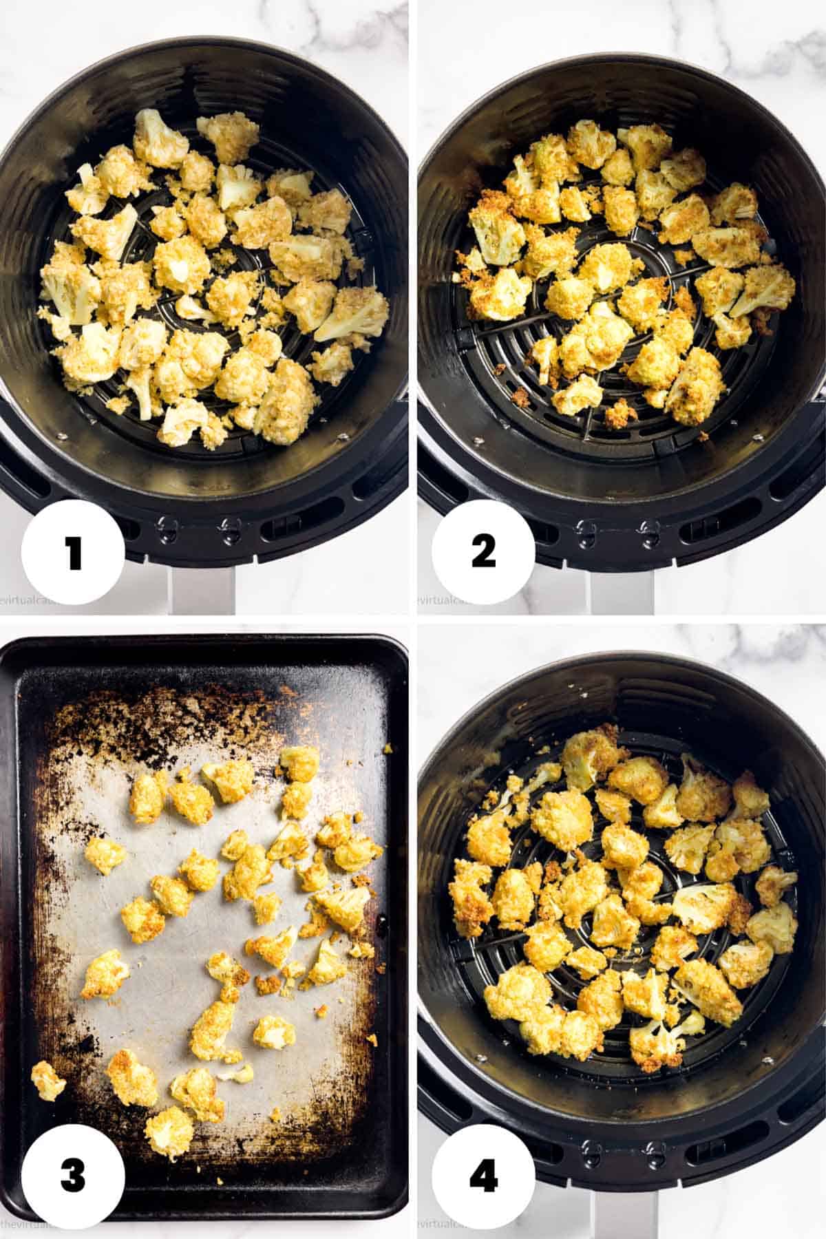 4 steps for cooking crispy air fryer cauliflower bites.