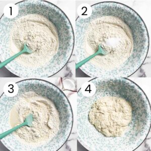 Four photos in a grid showing the process of mixing flour and water to make dough in an aqua and white bowl.