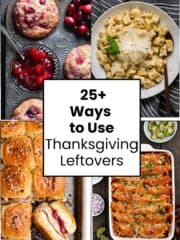 Four images of foods showing how to turn thanksgiving leftovers into something completely different.