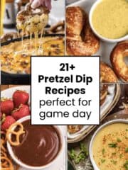 Four images of pretzel dips from cheesy to chocolate.
