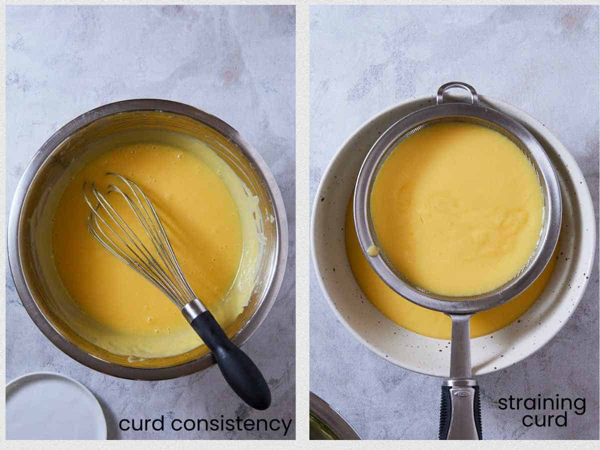 Straining lemon curd to remove any egg bits that remain.