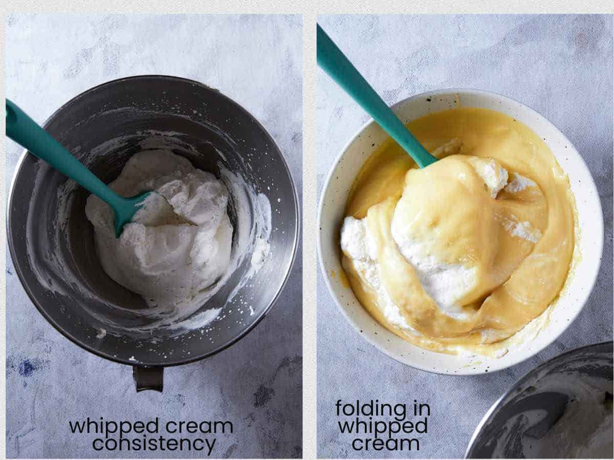 Whipped cream and folding whipped cream into lemon curd to make a lemon cream.