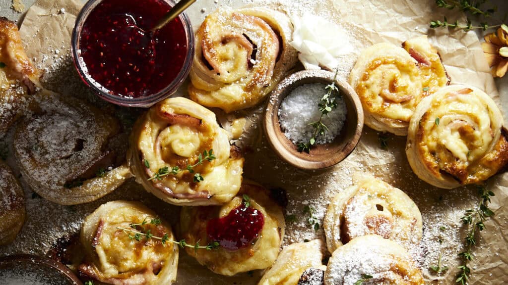 A top view of freshly baked pastry swirls dusted with powdered sugar, arranged on parchment paper. A jar of raspberry jam and a small bowl of coarse salt are nearby, garnished with thyme sprigs and a flower.