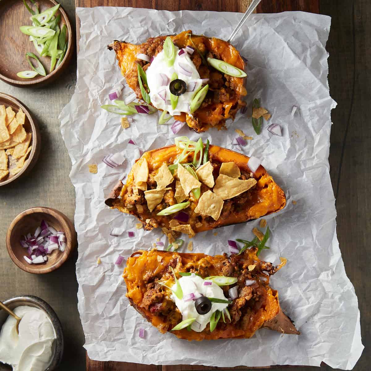 Cheesy Chili Stuffed Sweet Potatoes