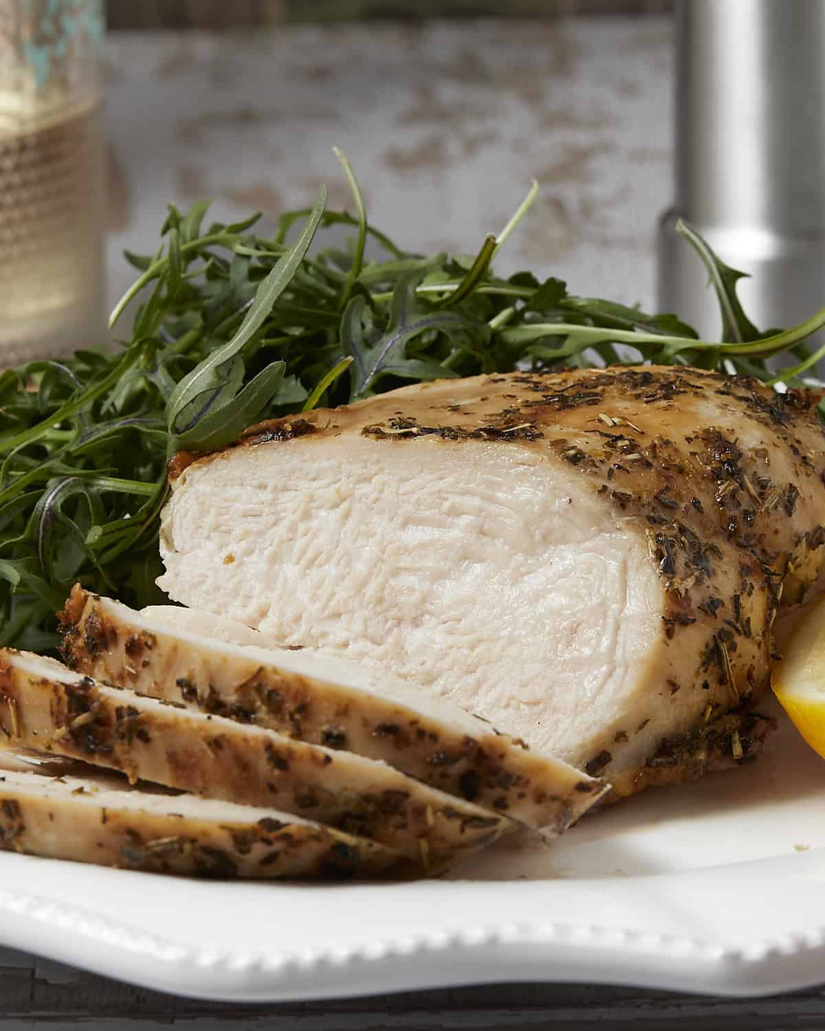 Up close shot of sliced air fryer chicken breast to show how juicy and tender it is.