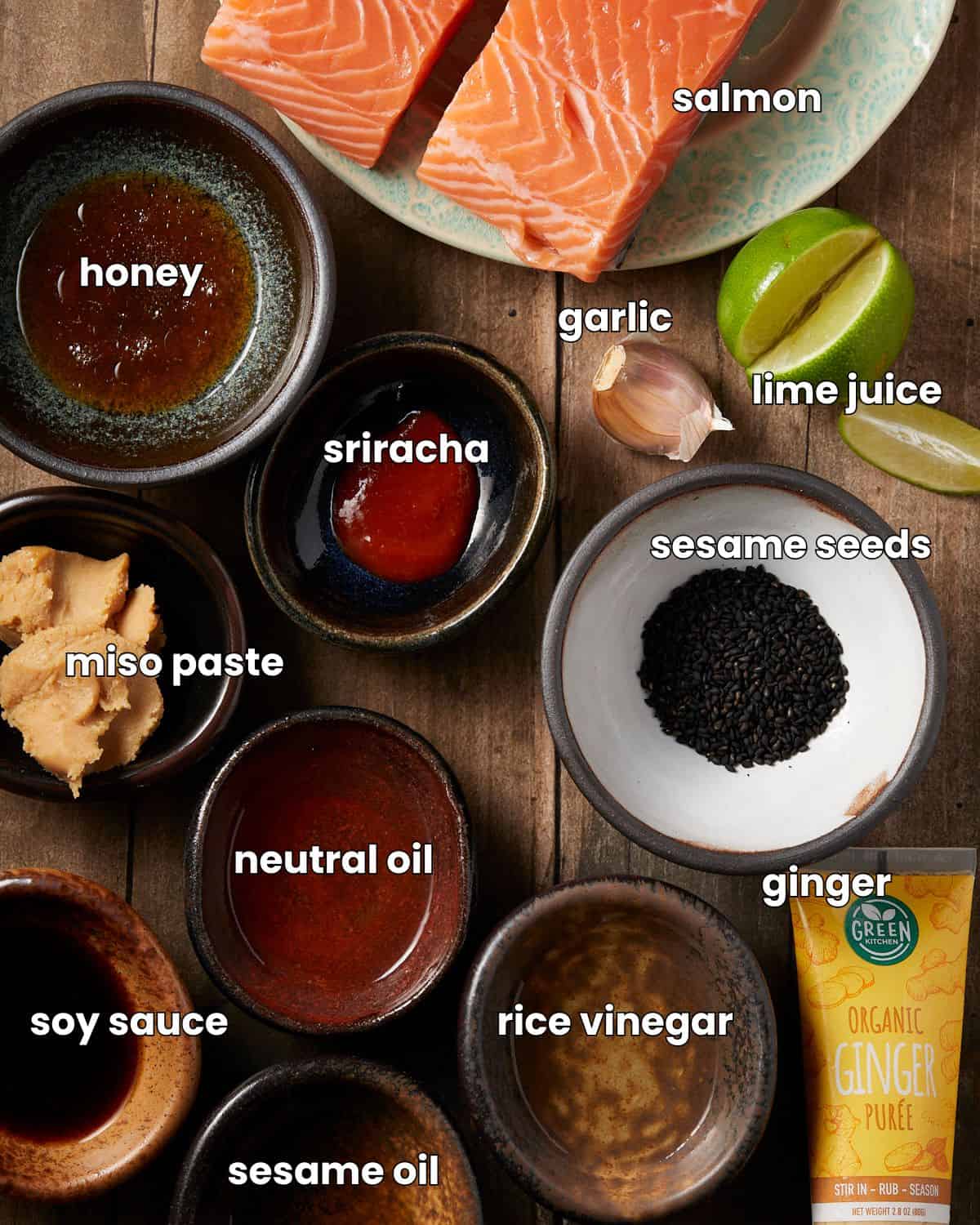 Ingredients needed for honey miso salmon. 