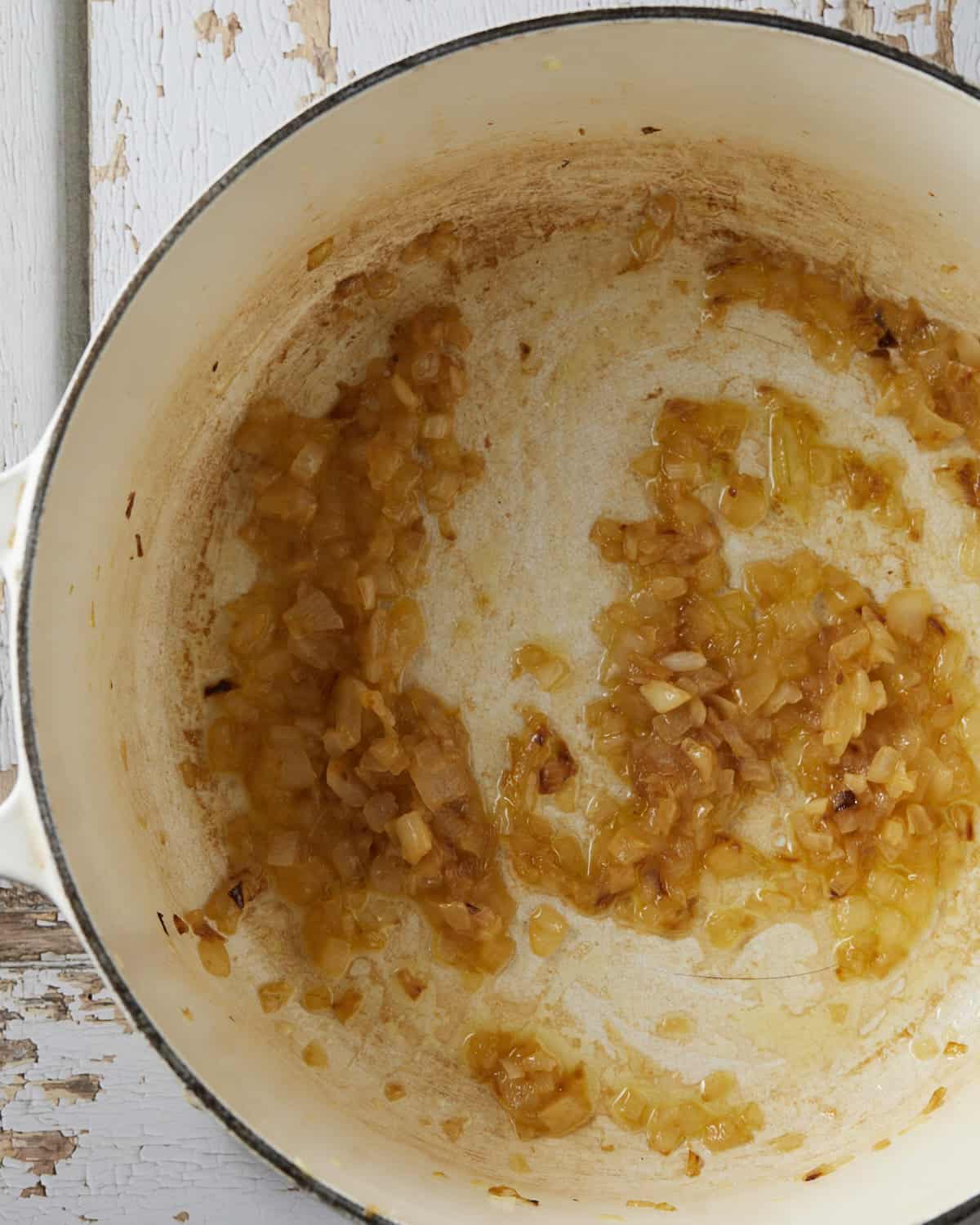 Sauteed onions for a no stir baked risotto.