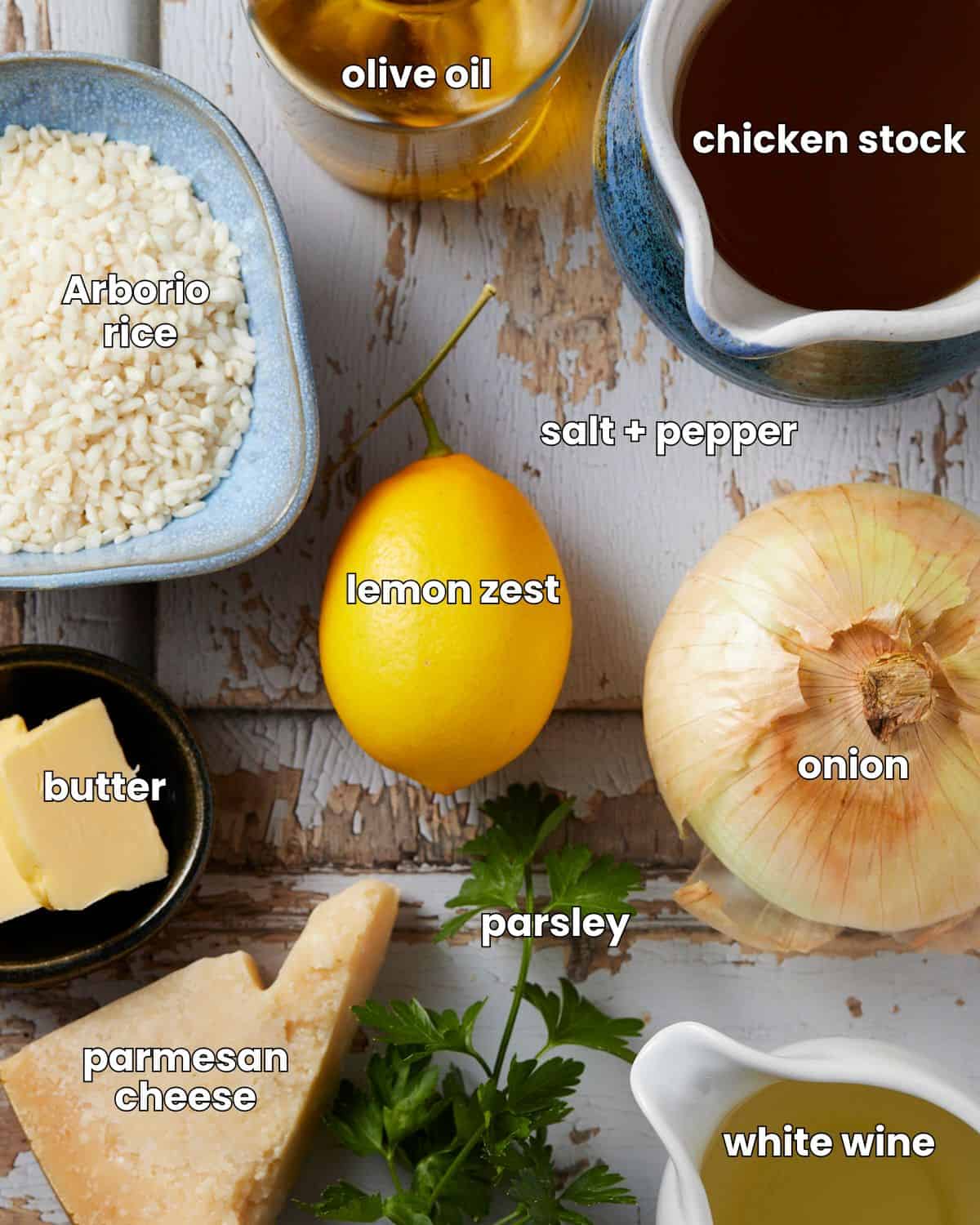 Ingredients needed for baked risotto. 