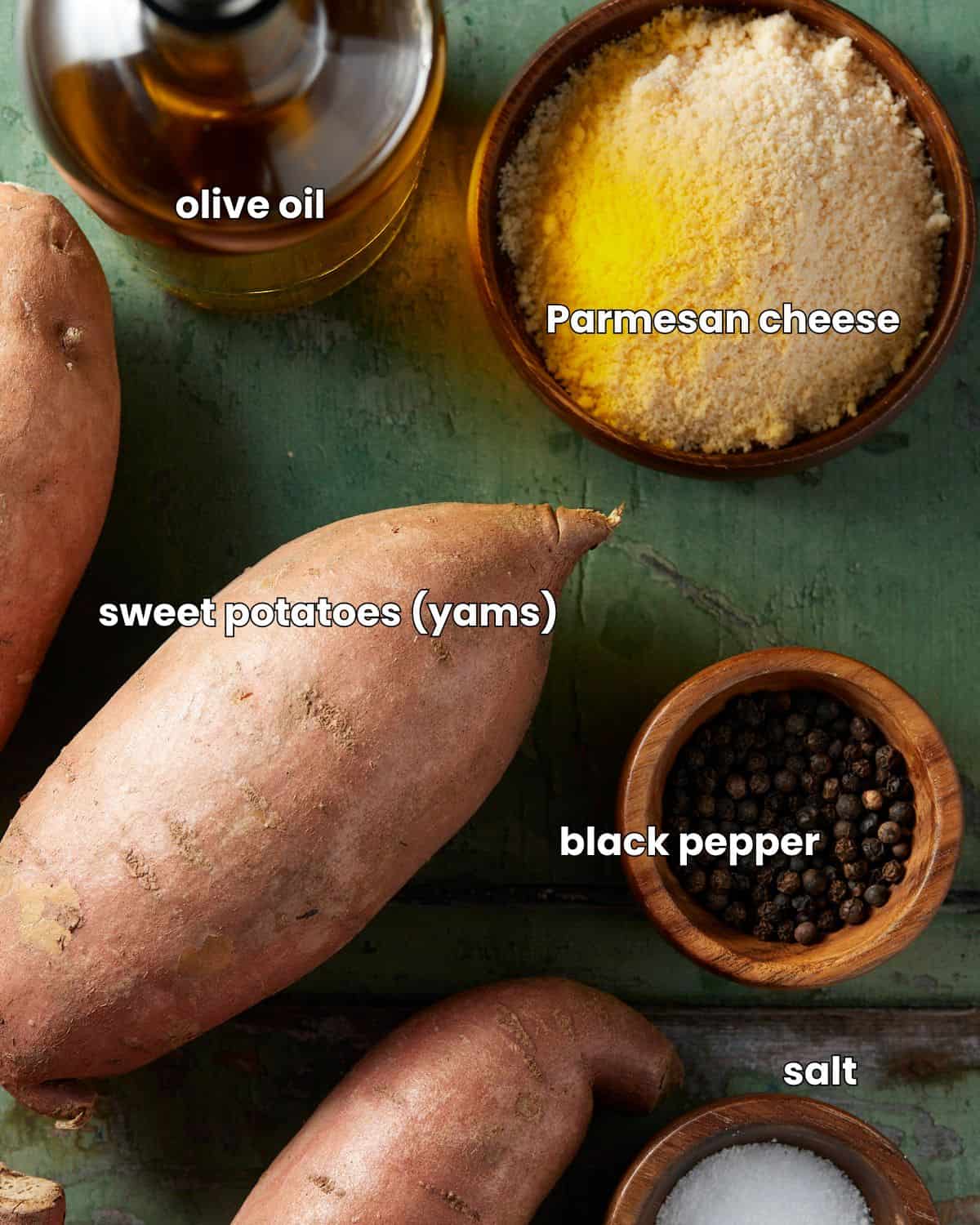 Ingredients needed to make parmesan crusted sweet potato wedges.