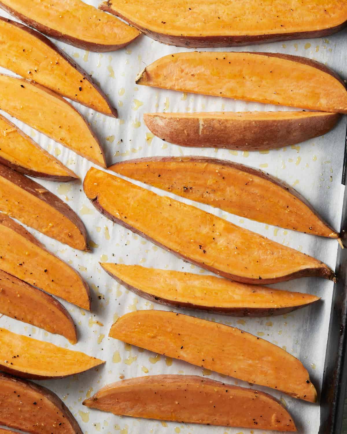 Arrange sweet potatoes in single layer on baking sheet so they get nice and crispy. 