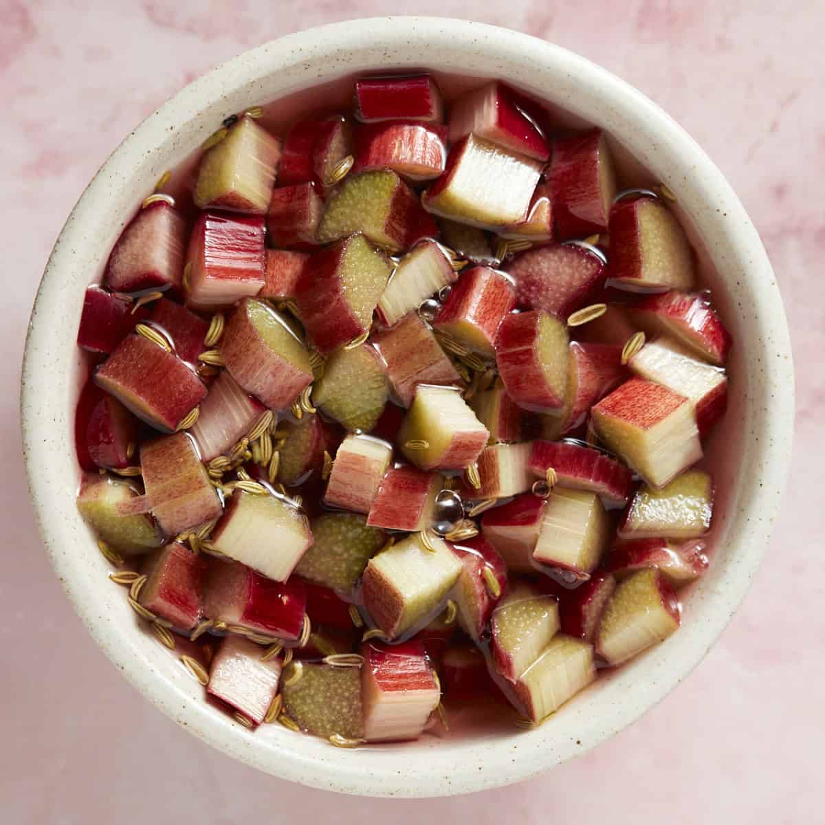 Close up of pickled rhubarb in a bowl. 