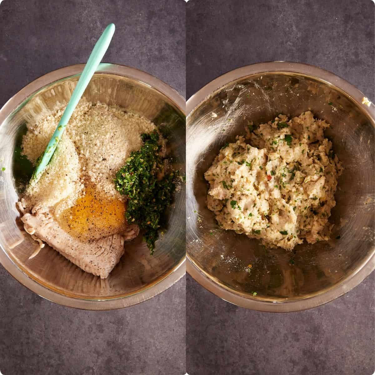 Preparing chicken meatballs in a bowl to be mixed.