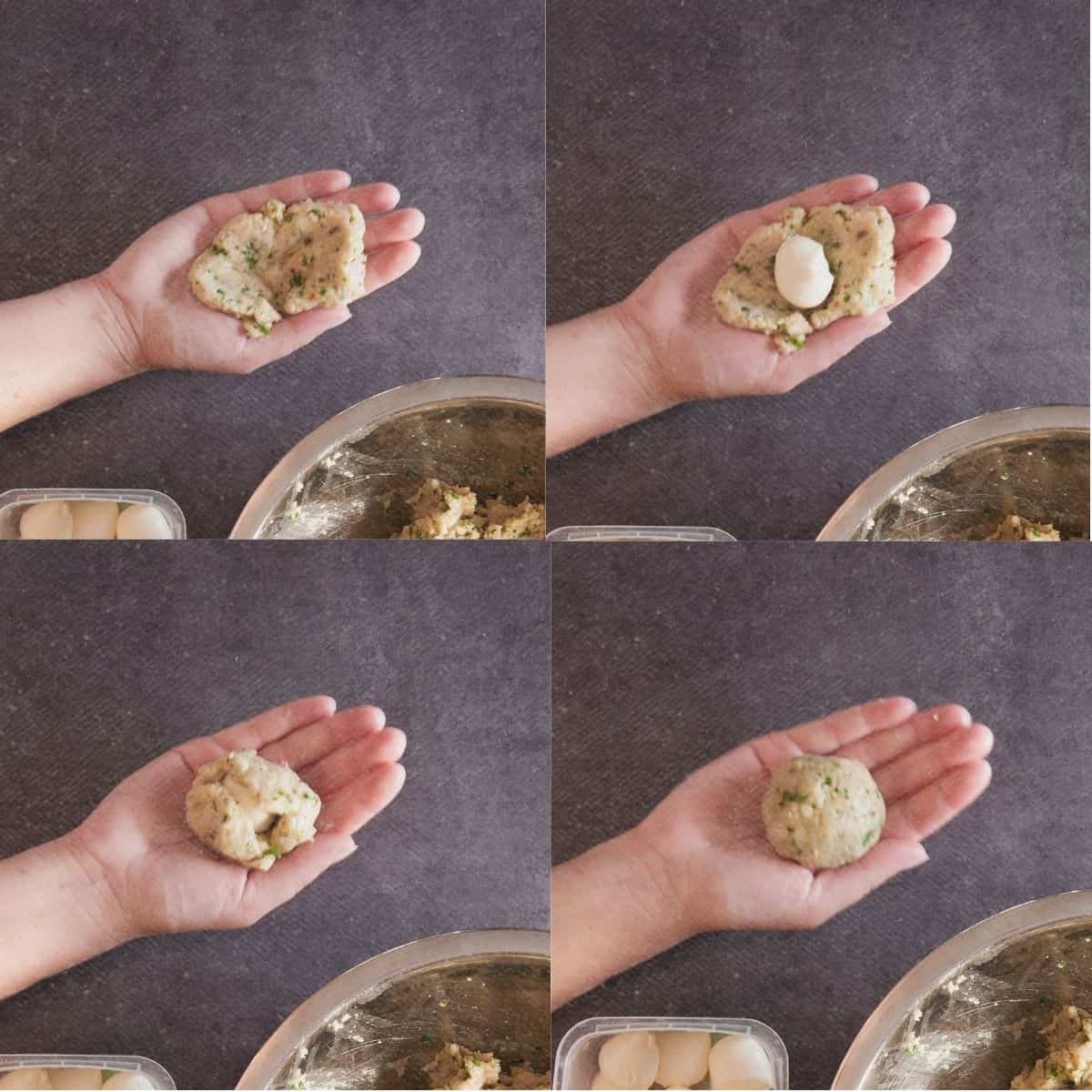Rolling and stuffing chicken meatballs step by step.
