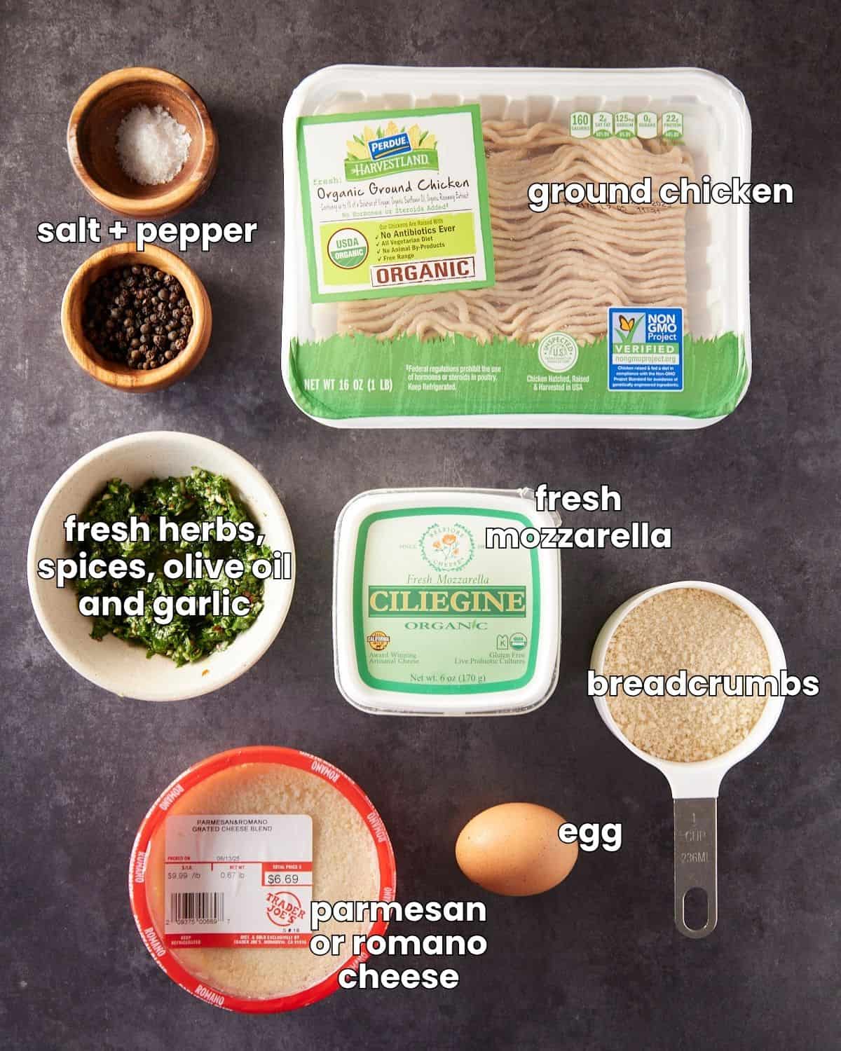 Ingredients needed for smoked chicken meatballs on a black background.