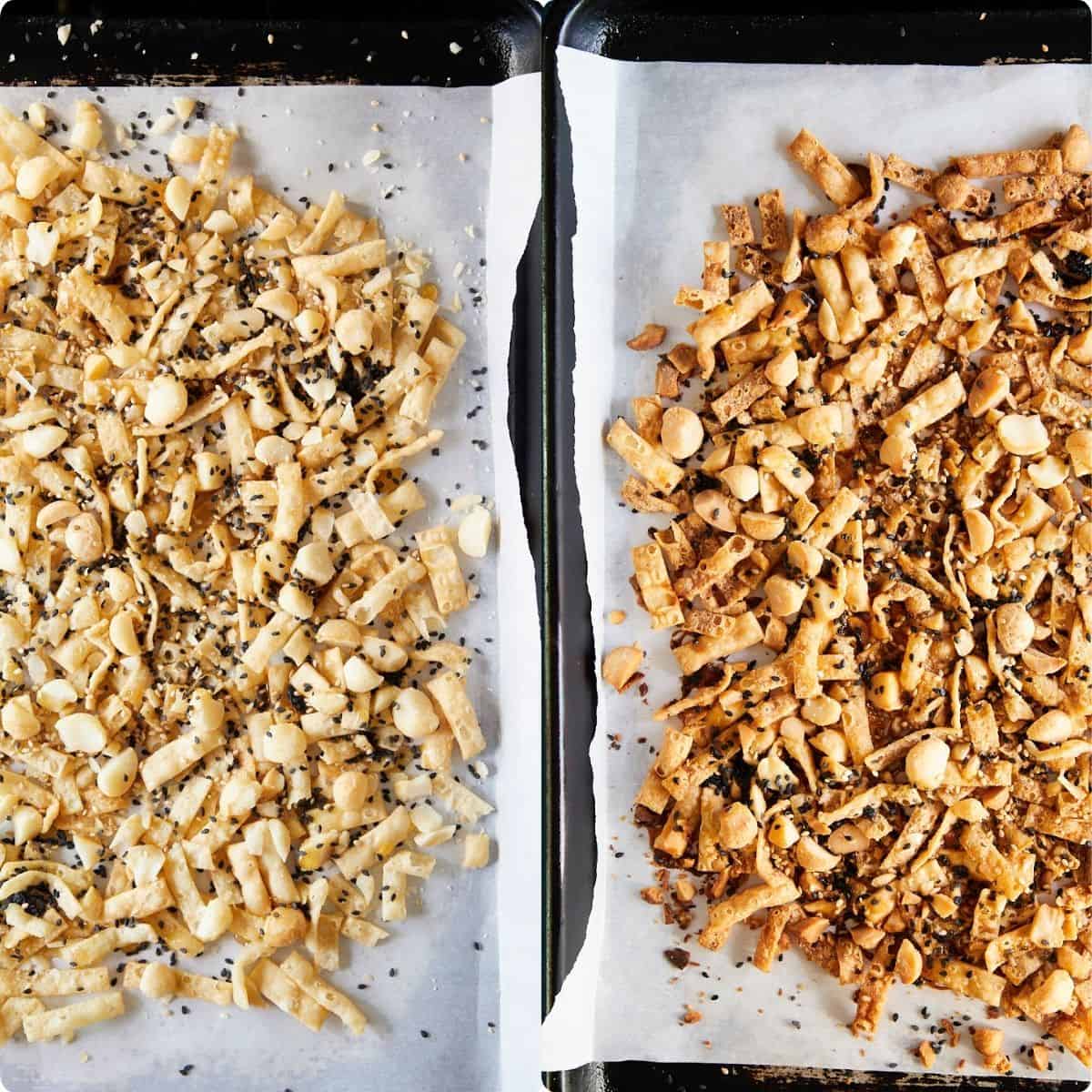 Wonton brittle before and after baking on a sheet tray.
