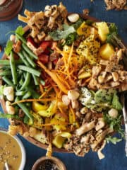 A cheesecake factory luau salad made easy for the home cook on a blue background.