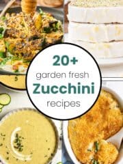 Four images of zucchini recipes including a soup, bread, salad and casserole to showcase the versatility of zucchini.