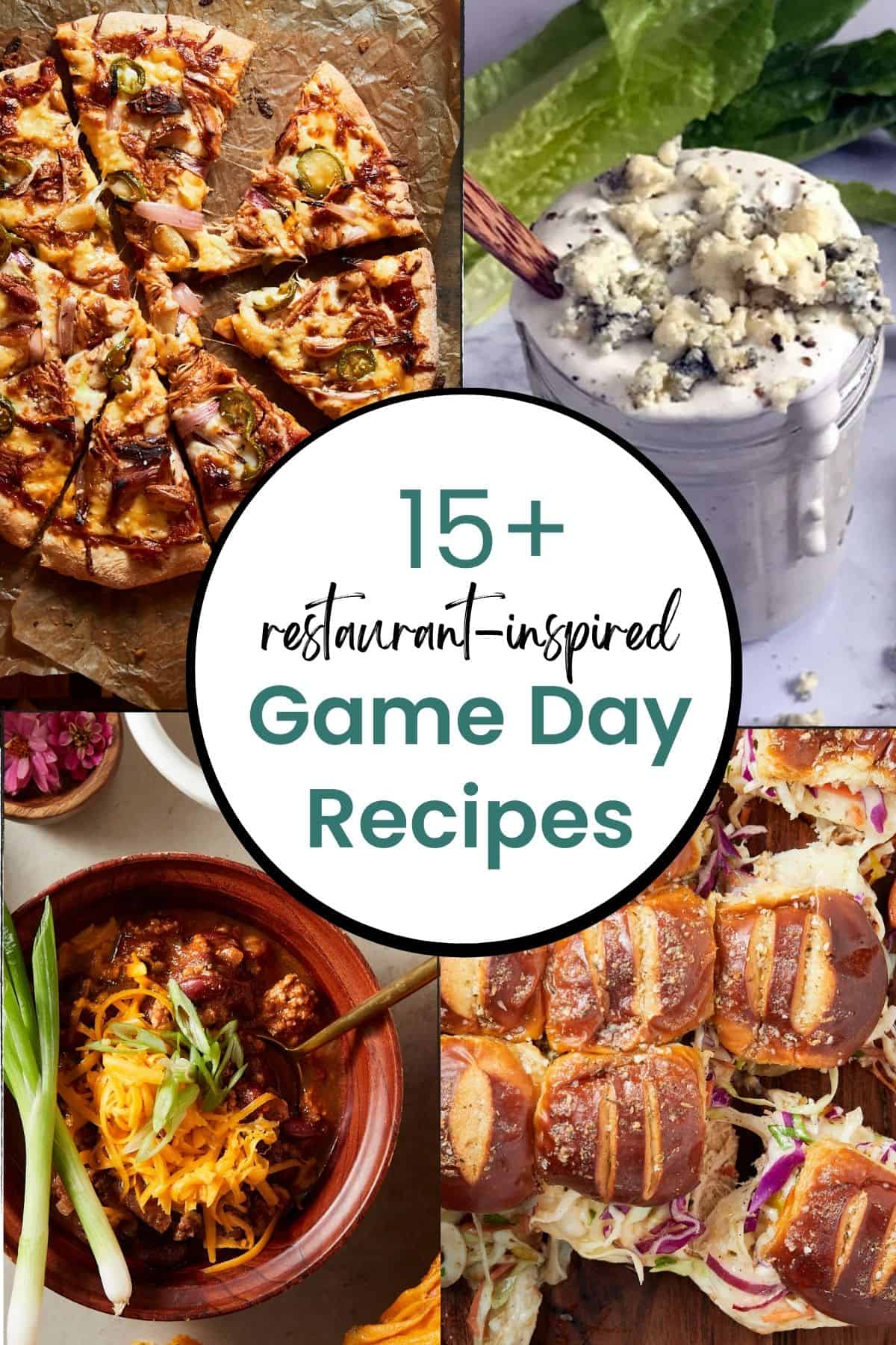 A collage of game day recipes including pizza, chili blue cheese dressing and sliders. 