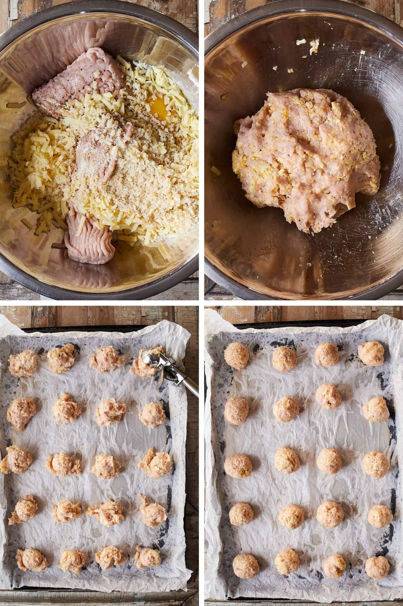 Steps for making and shaping meatballs to be baked.