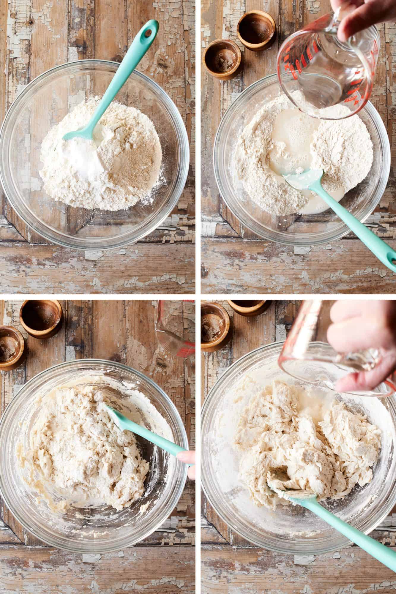 Steps for making no knead dough for sheet pan pizza.