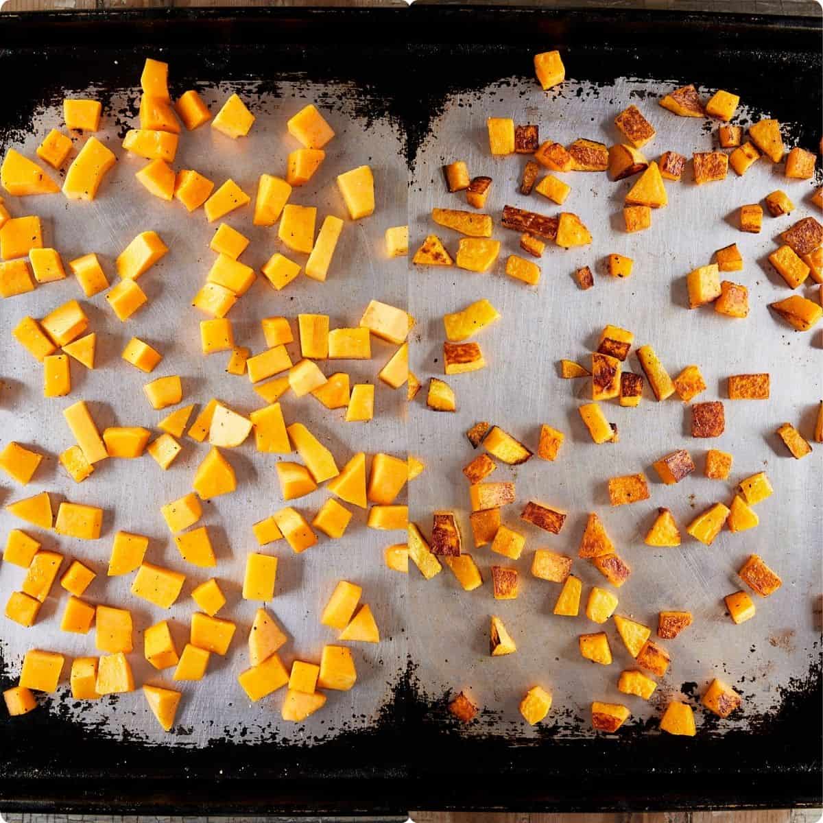 A sheet tray of butternut squash before and after roasting. 