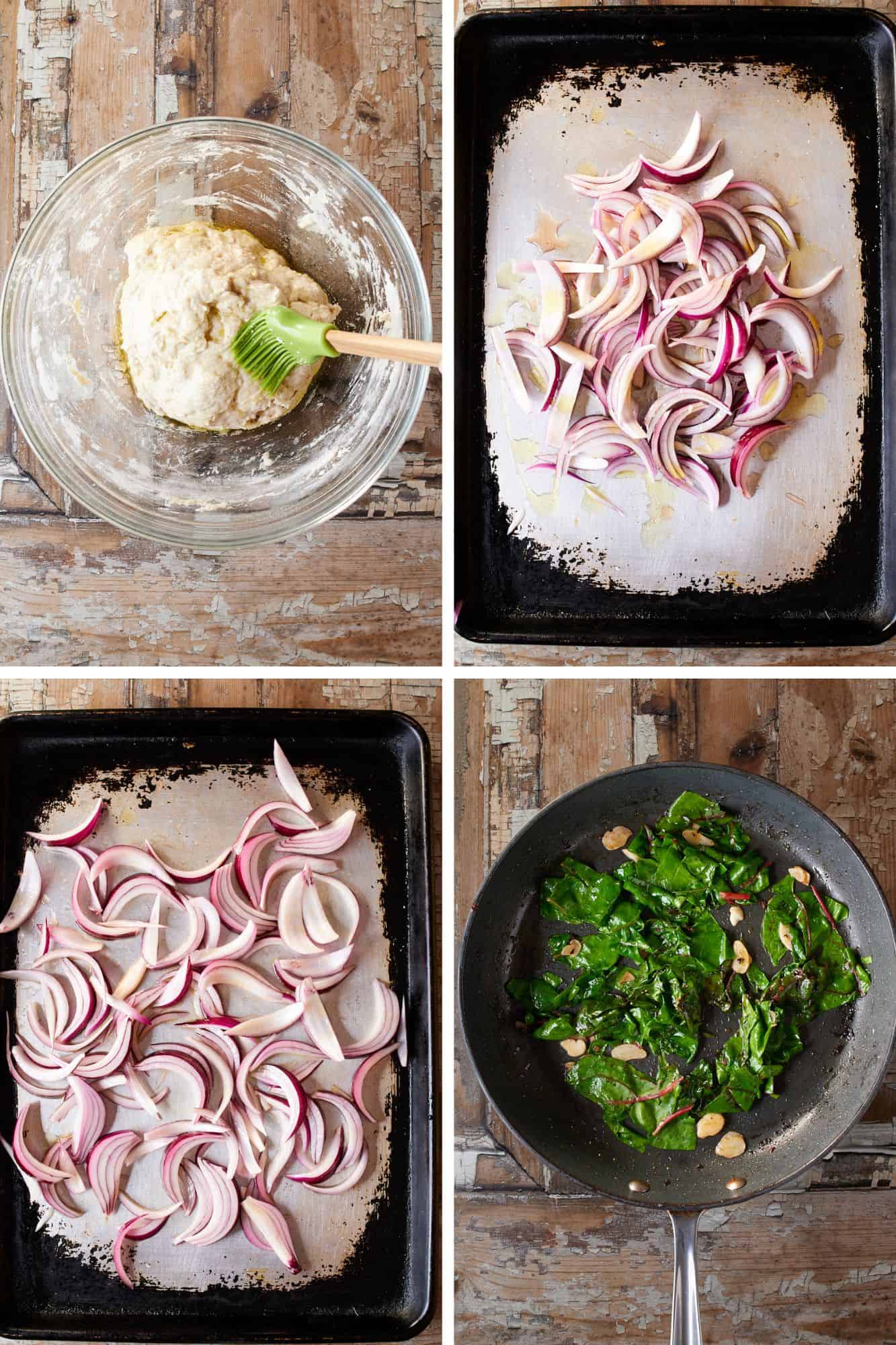 Steps for dough and toppings for sheet pan pizza.
