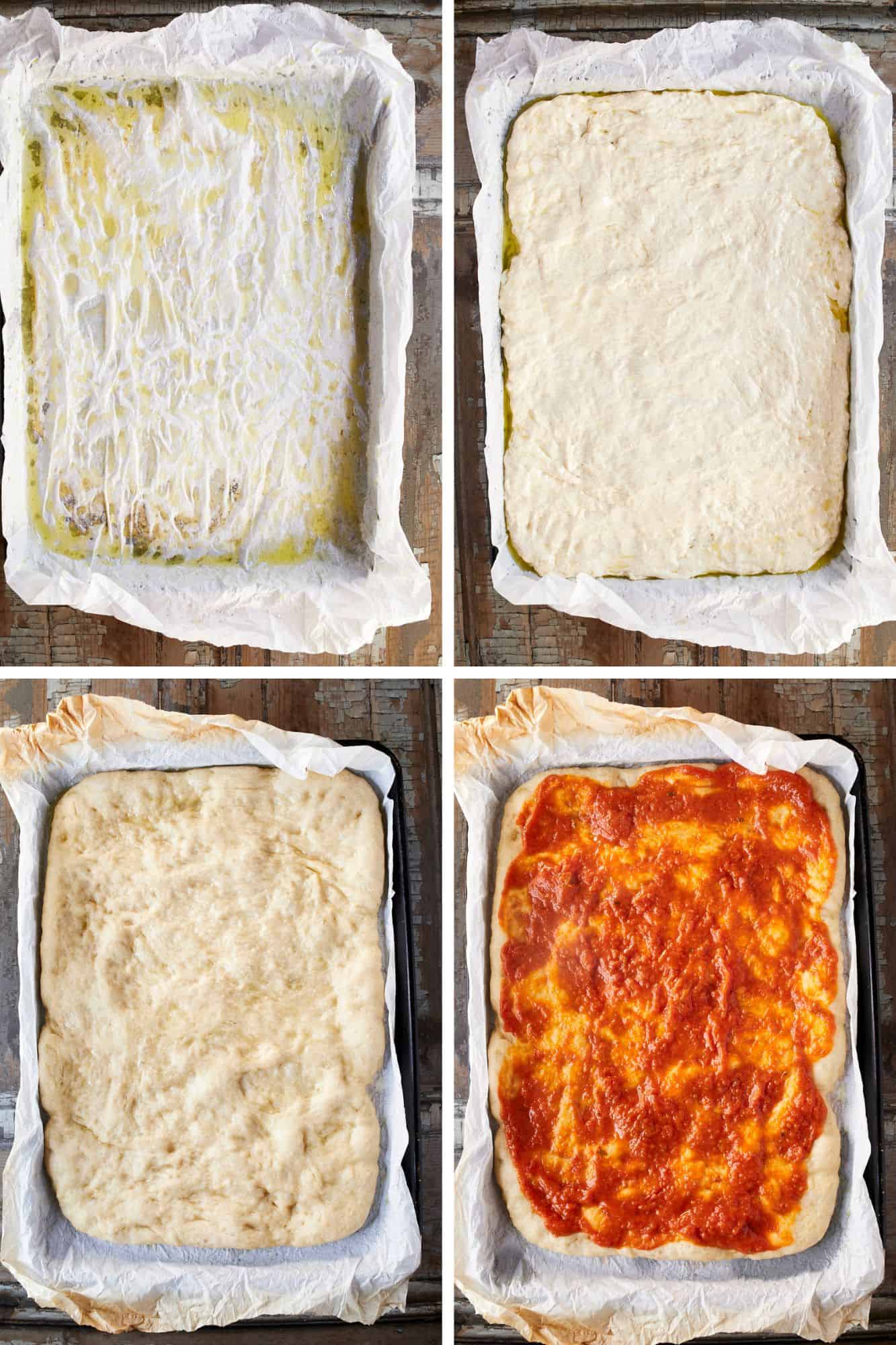 Preparing pan for sheet pan pizza with parchment paper, dough and sauce.