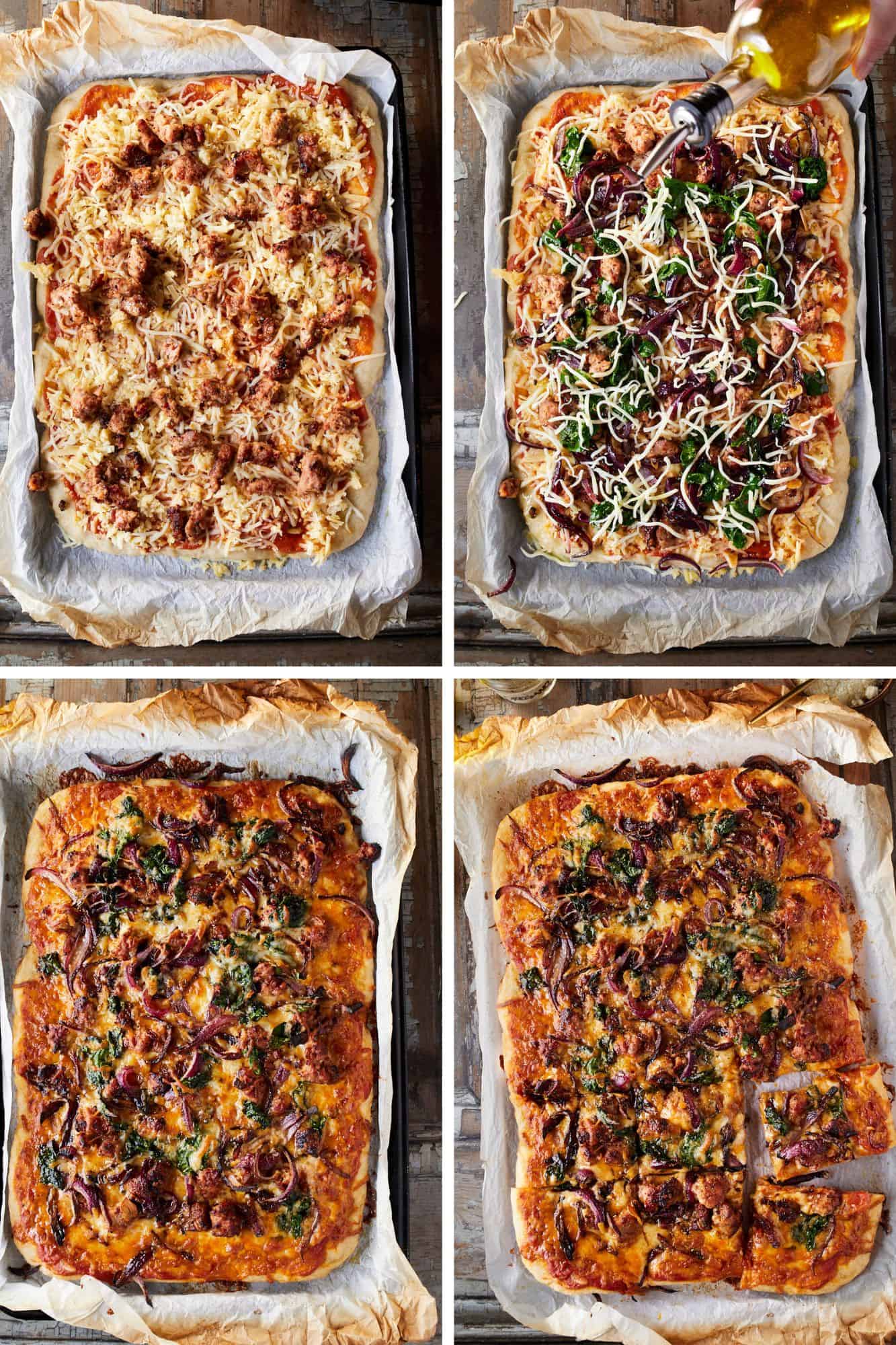 Adding toppings to pizza, then baking and slicing.