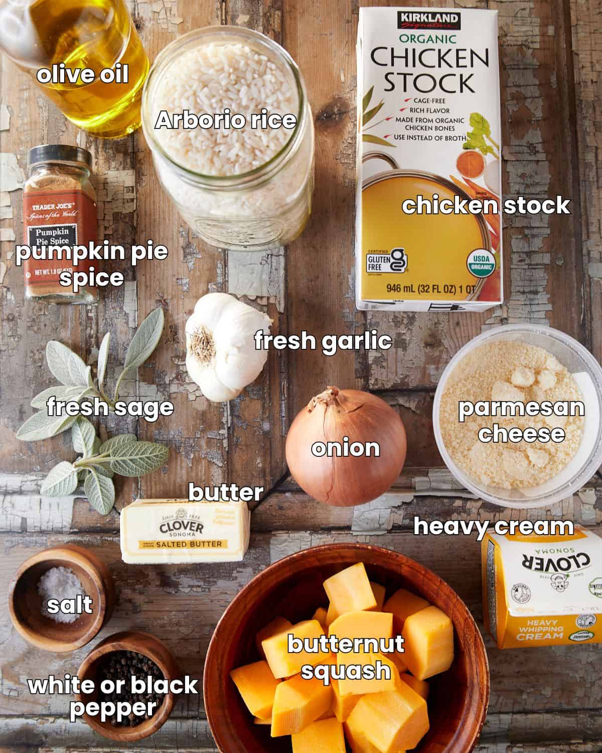 Ingredients needed for butternut squash risotto.
