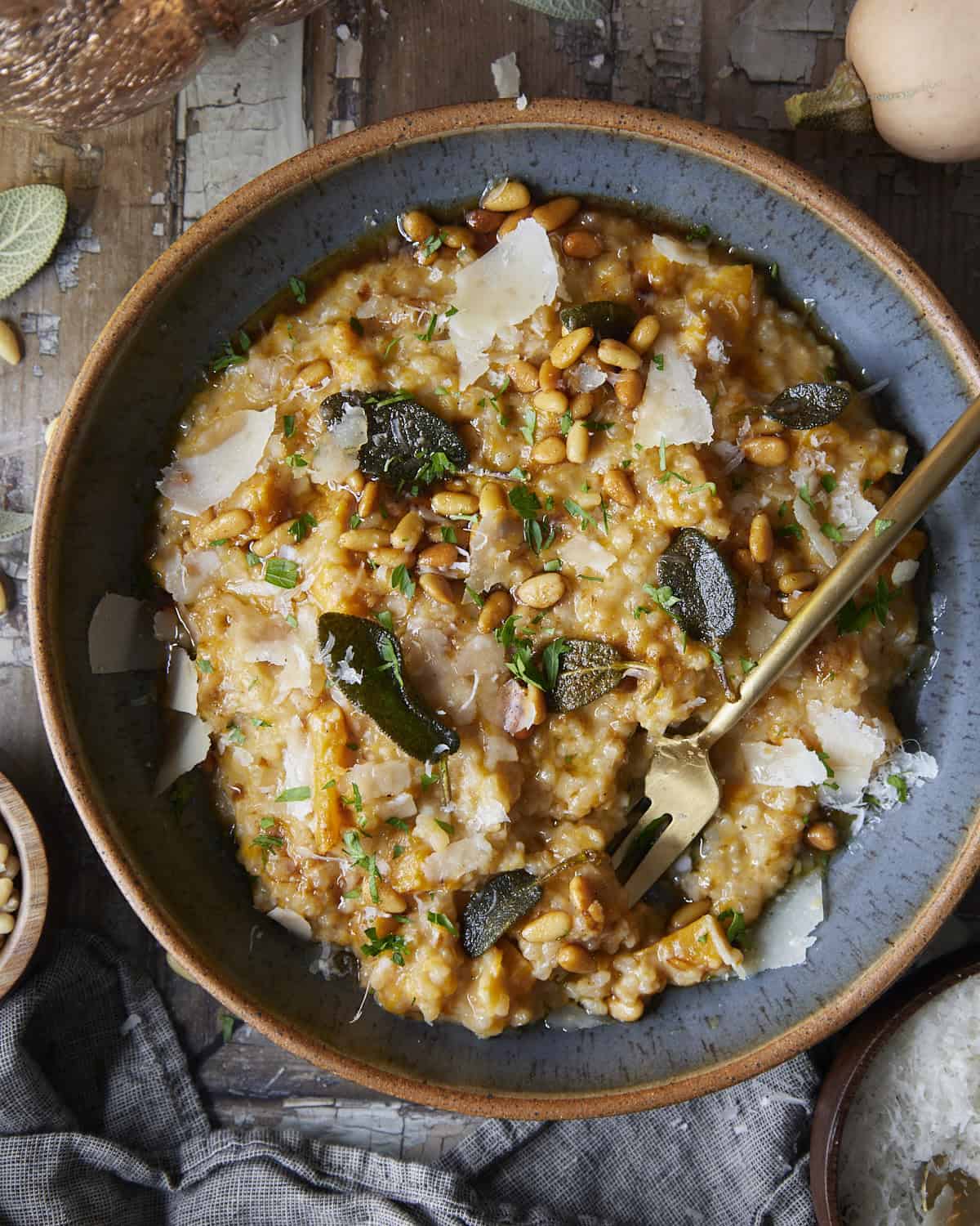 Butternut squash risotto with sage and parsley.