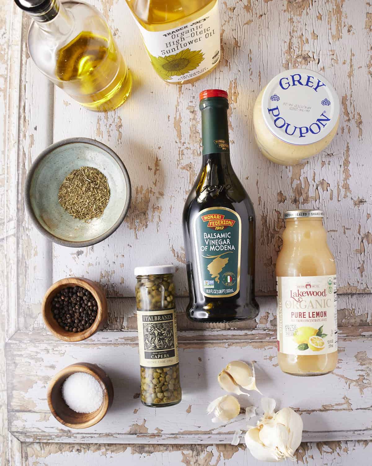 Ingredients needed to make balsamic vinaigrette.