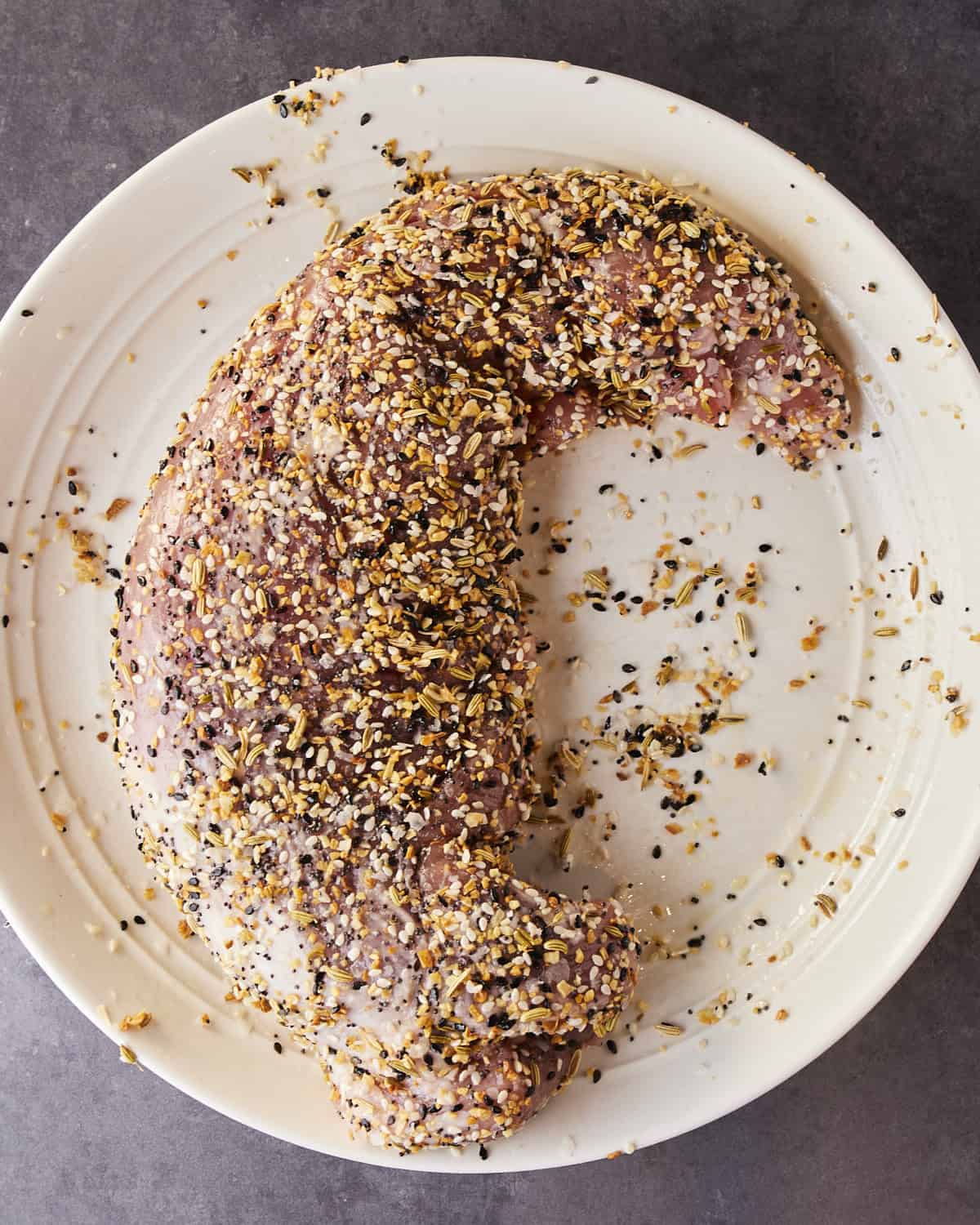 Pork tenderloin crusted in everything bagel seasoning.