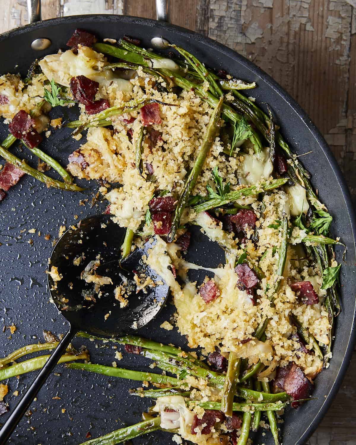 Skillet green beans almost gone in pan.