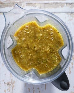 Blended salsa verde in the blender jar.