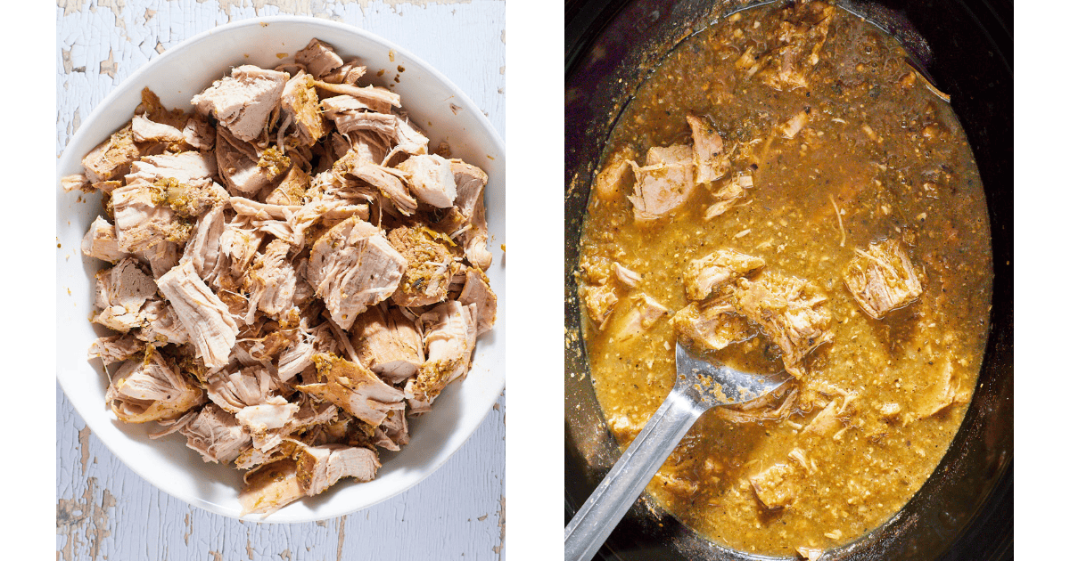 Side by side photo of chopped pork tenderloin and adding it to finished sauce.