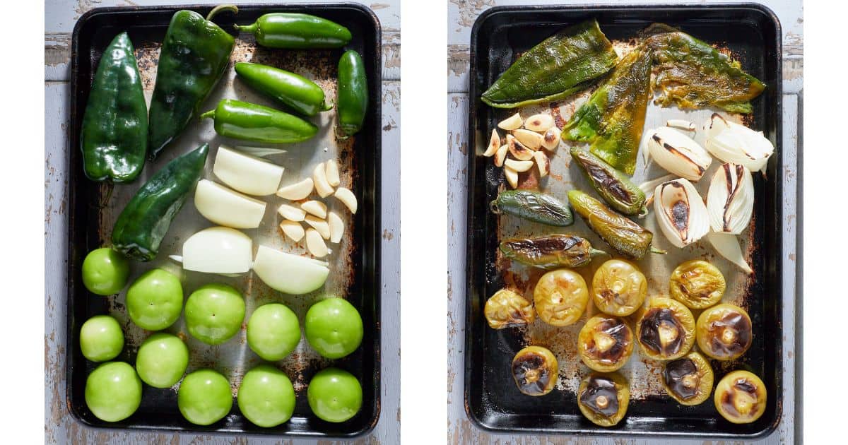 Side by side photo of vegetables before and after roasting.